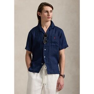 Polo Ralph Lauren Navy Herringbone Linen/Silk Short Sleeve Button Down Shirt XXL